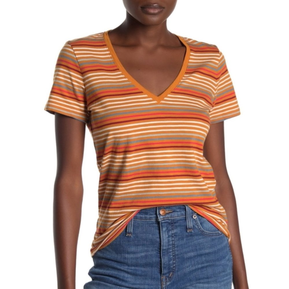 Madewell Burnished Caramel stripes V Neck Tee Sz S
